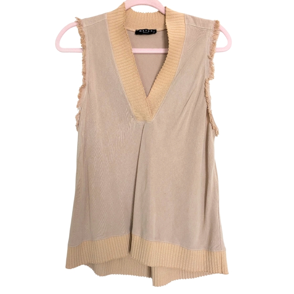 Maven West Womens‎ Tencel Blend Fringe Sleeveless Blouse Beige Size XS *Flaw*